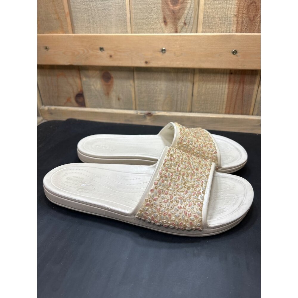 Crocs Iconic Comfort Beaded Slide Sandals Size 10 Ivory & Peach Embellished